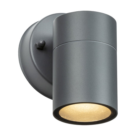 OBEX outdoor wall light in anthracite grey, a cylindrical aluminium and glass fixture with GU10 downlight on a round wall plate, IP55 rated, shown on a white background.