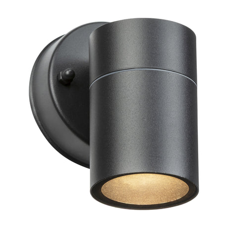 OBEX IP55 outdoor wall light in matt black, a cylindrical aluminium fixture with round wall plate and glass lens casting light downward, shown on a white background.