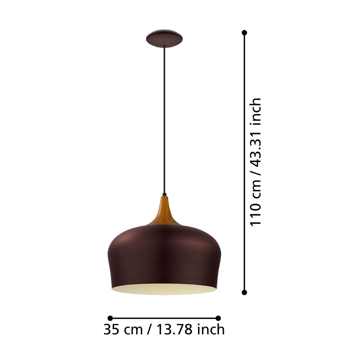 Obregon Pendant Light in brown steel with cream interior and oak-toned crown, dome shade on black cable with brown ceiling rose, shown with size dimensions on a white background.