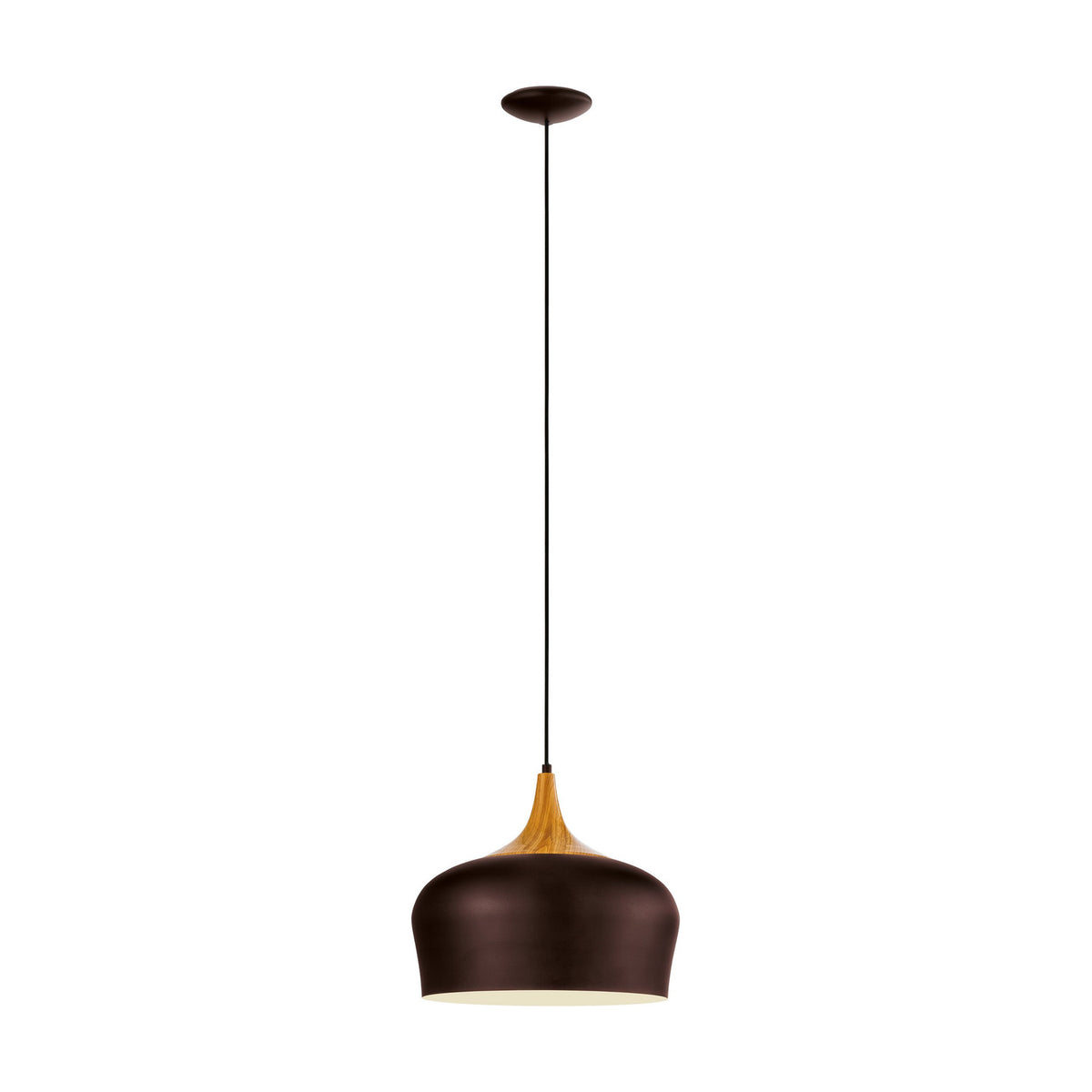 Obregon Pendant Light in brown steel with cream interior and oak-toned crown, rounded dome shade on black cable with brown ceiling rose, shown on a plain white background.