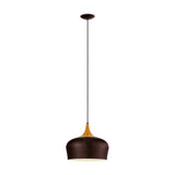 Obregon Pendant Light in brown steel with cream interior and oak-toned crown, rounded dome shade on black cable with brown ceiling rose, shown on a plain white background.
