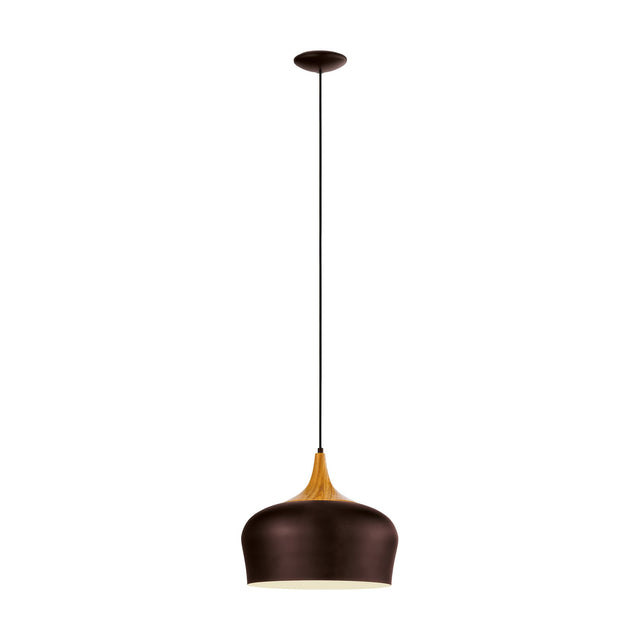 Obregon Pendant Light in brown steel with cream interior and oak-toned crown, rounded dome shade on black cable with brown ceiling rose, shown on a plain white background.