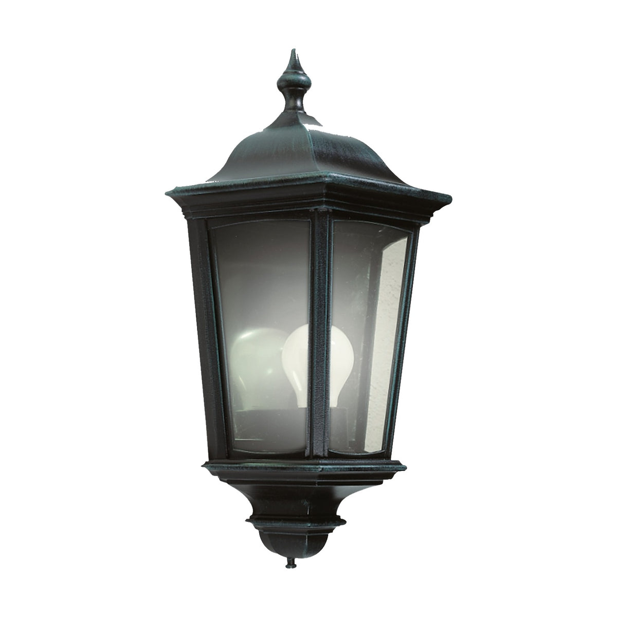 Ogee cast aluminium outdoor half lantern wall light with sensor, black finish, tapered glazed panels and pointed finial, shown on a plain white background.