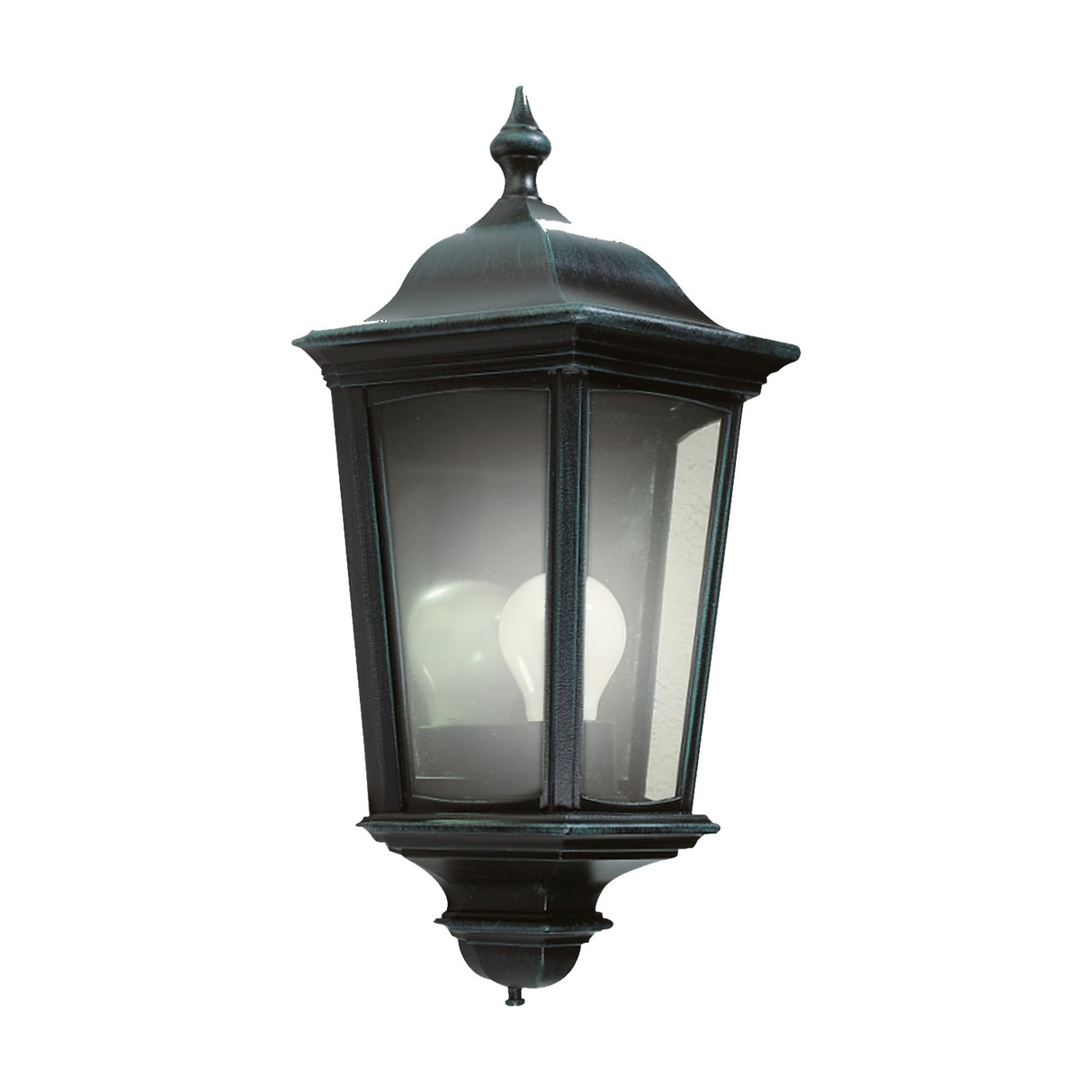 Ogee Copper Top Outdoor Half Lantern Wall Light with black aluminium frame, clear bevelled glass panels, ogee roof, top and bottom finials, and visible E27 bulb, shown on a plain white background.