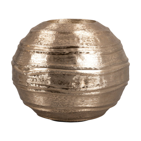 Okayama Plant Pot 33.5cm in brushed gold, a round planter with ridged, dimpled texture and a wide circular opening, shown on a plain white background.