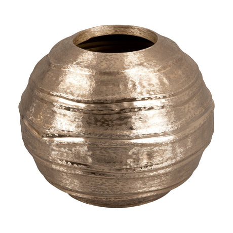 Okayama Plant Pot 33.5cm in brushed gold, a round planter with ridged, dimpled texture and a wide circular opening, shown on a plain white background.