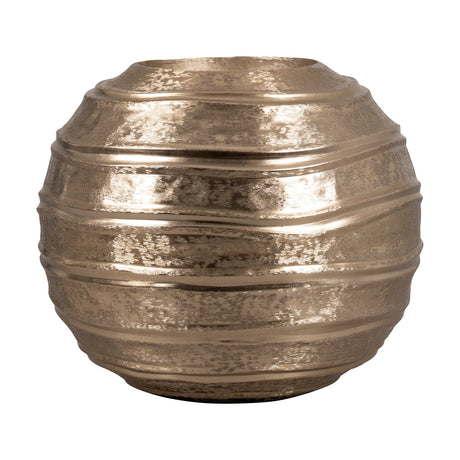 Okayama Plant Pot 41cm in brushed gold, a wide round planter with horizontal raised ribs and a mottled textured finish, shown on a plain white background.