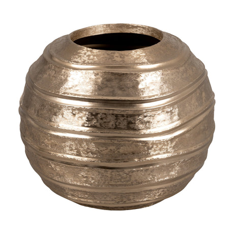 Okayama Plant Pot 41cm in brushed gold, a wide round planter with raised horizontal ribs and a mottled metallic finish, shown on a plain white background.