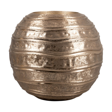 Okayama Plant Pot 50cm in brushed gold, a ball-shaped planter with wavy ridges and a hammered texture, narrow top opening, shown on a plain white background.