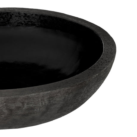 Close-up of the Okayama plant pot in black aluminium, showing a wide, shallow bowl with a textured outer surface and glossy black interior, set against a plain white background.