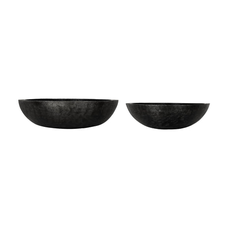 Okayama Plant Pot Set of 2 in Black, wide shallow bowl-shaped planters in brushed black aluminium with textured exteriors and glossy interiors, different sizes shown.
