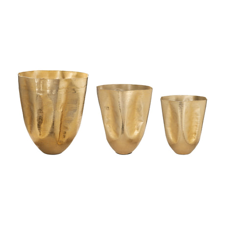 Okayama Plant Pot Set of 3 in gold, three tapered planters with pleated, hammered bodies and wavy rims in graduated sizes, shown on a plain white background.