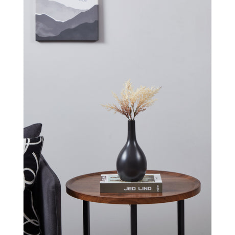 Okuma Ceramic Vase in black with a rounded teardrop body and long narrow neck, holding dried foliage on a round wooden side table beside books.