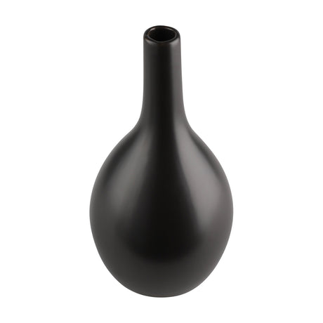 Okuma Ceramic Vase in black with a rounded teardrop body and long narrow neck, matte finish, shown on a plain white background.