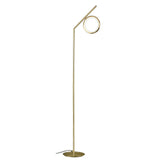 The Olimpia LED Floor Lamp 12W 3000K in satin gold features a slim, angled pole and circular top light, set on a round base with a visible power cord—perfect for modern minimalist spaces.