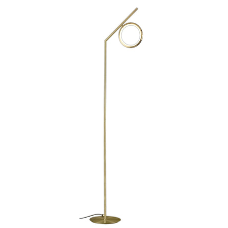 The Olimpia LED Floor Lamp 12W 3000K in satin gold features a slim, angled pole and circular top light, set on a round base with a visible power cord—perfect for modern minimalist spaces.