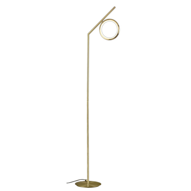 The Olimpia LED Floor Lamp 12W 3000K in satin gold features a slim, angled pole and circular top light, set on a round base with a visible power cord—perfect for modern minimalist spaces.