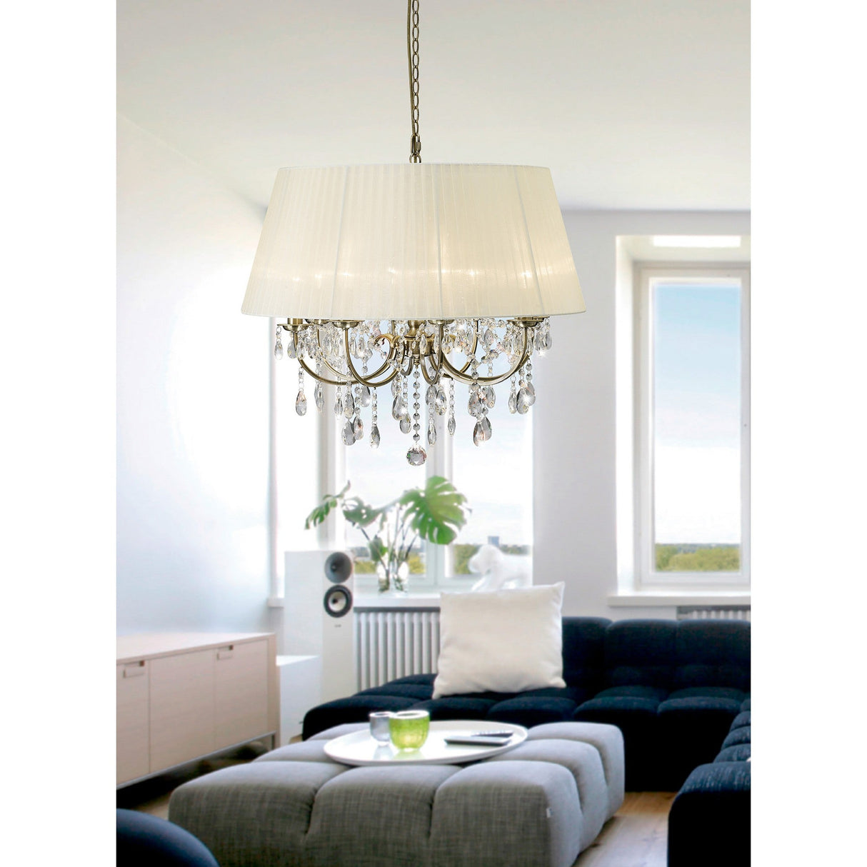 Olivia 70cm 8 Light Crystal Chandelier - Brass With Cream Shade