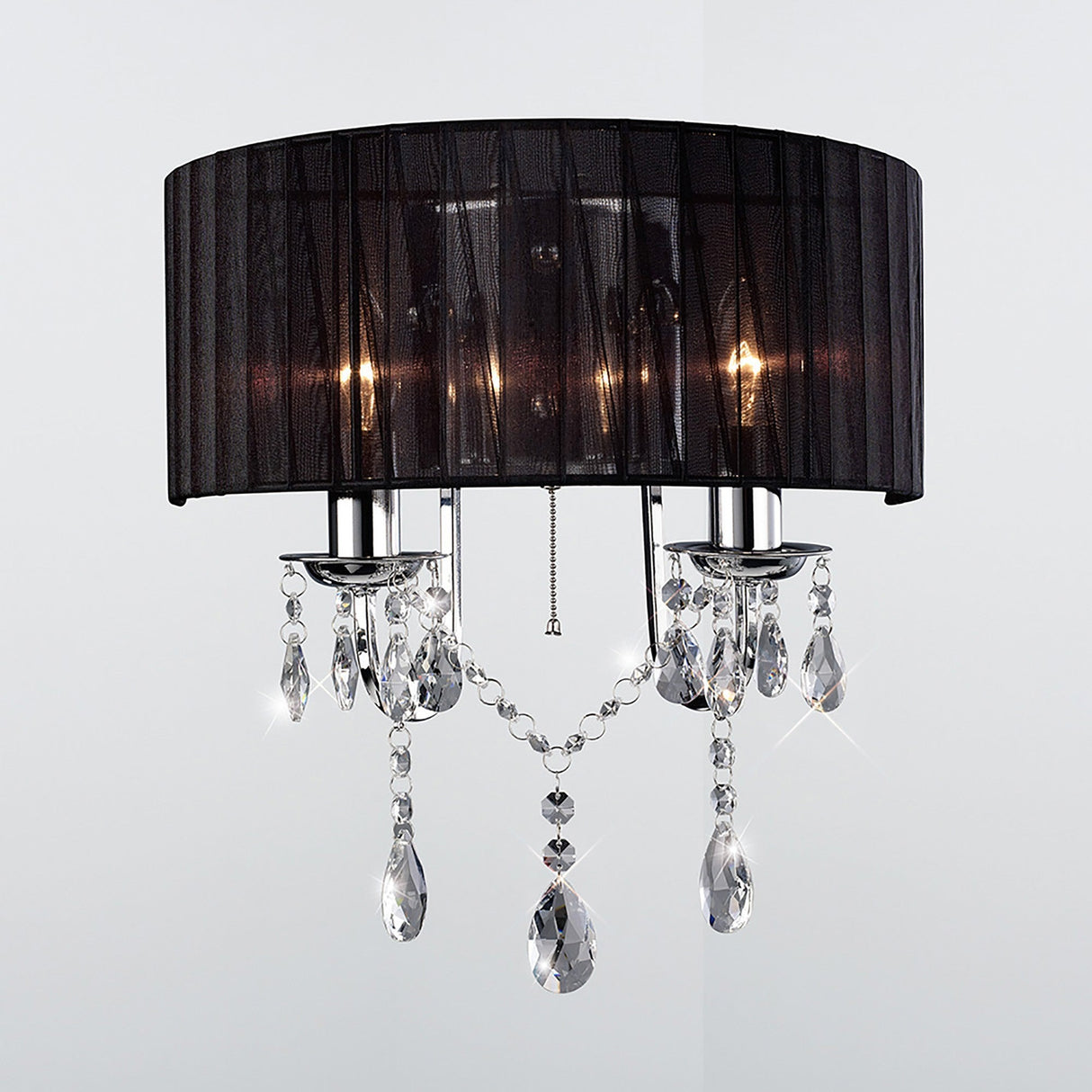 Olivia 2 Light Crystal Wall Light With Switch - Chrome With Black Shade