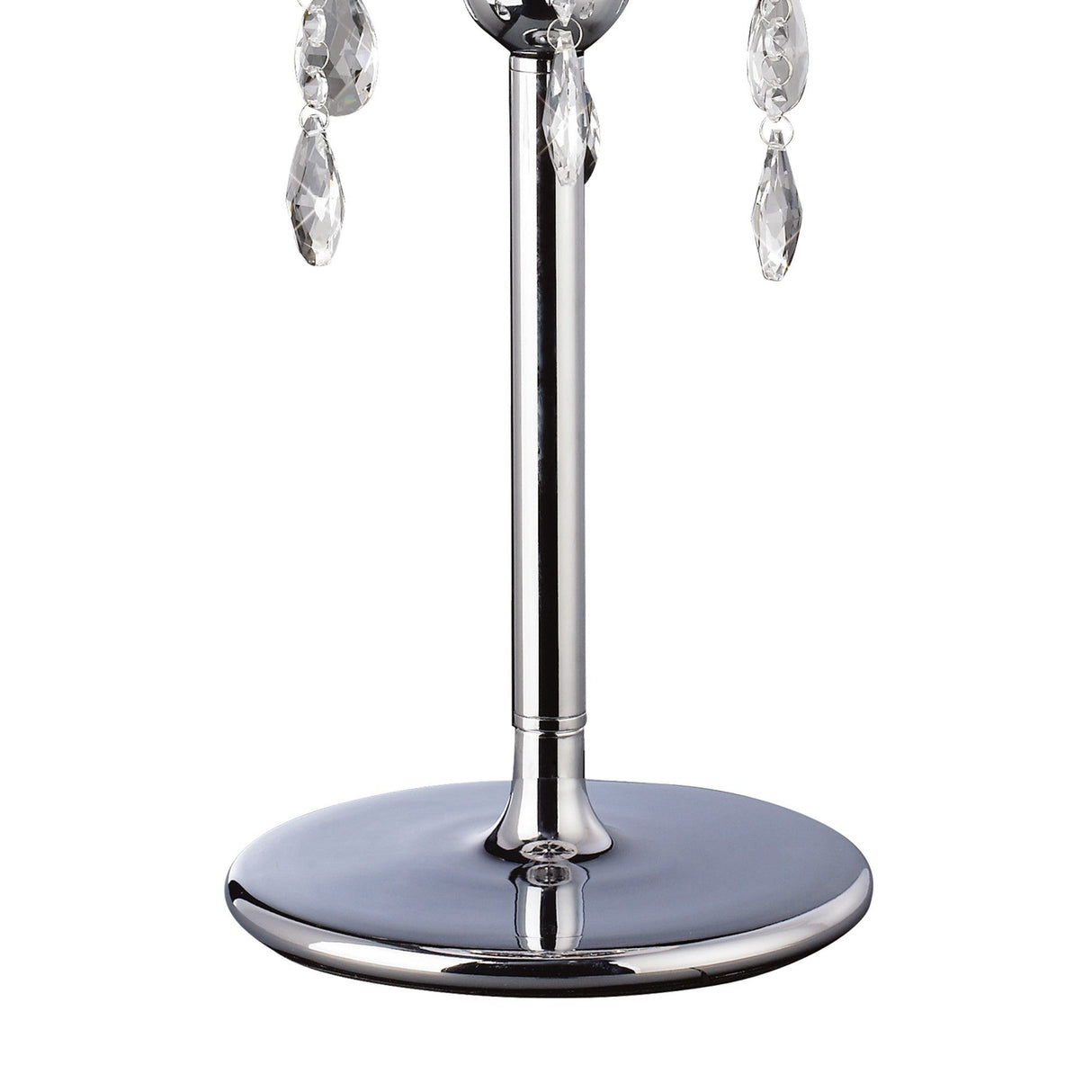 A close-up of the base and lower stem of the Olivia 3 Light Crystal Table Lamp in polished chrome with hanging clear crystal accents, against a plain white background.