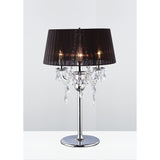The Olivia 3 Light Crystal Table Lamp features a polished chrome finish, black shade, and elegant crystal accents beneath each bulb for a refined, modern look.