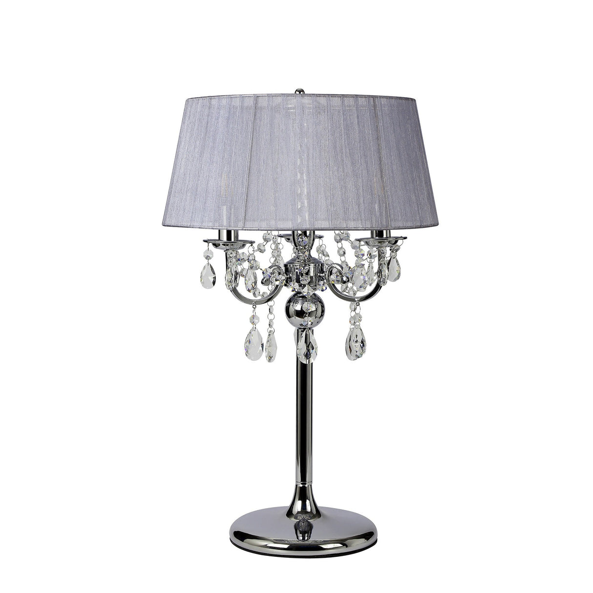 The Olivia 3 Light Crystal Table Lamp features a polished chrome finish, crystal accents and pendants, a grey fabric shade, and a reflective round base for stunning ambient lighting.