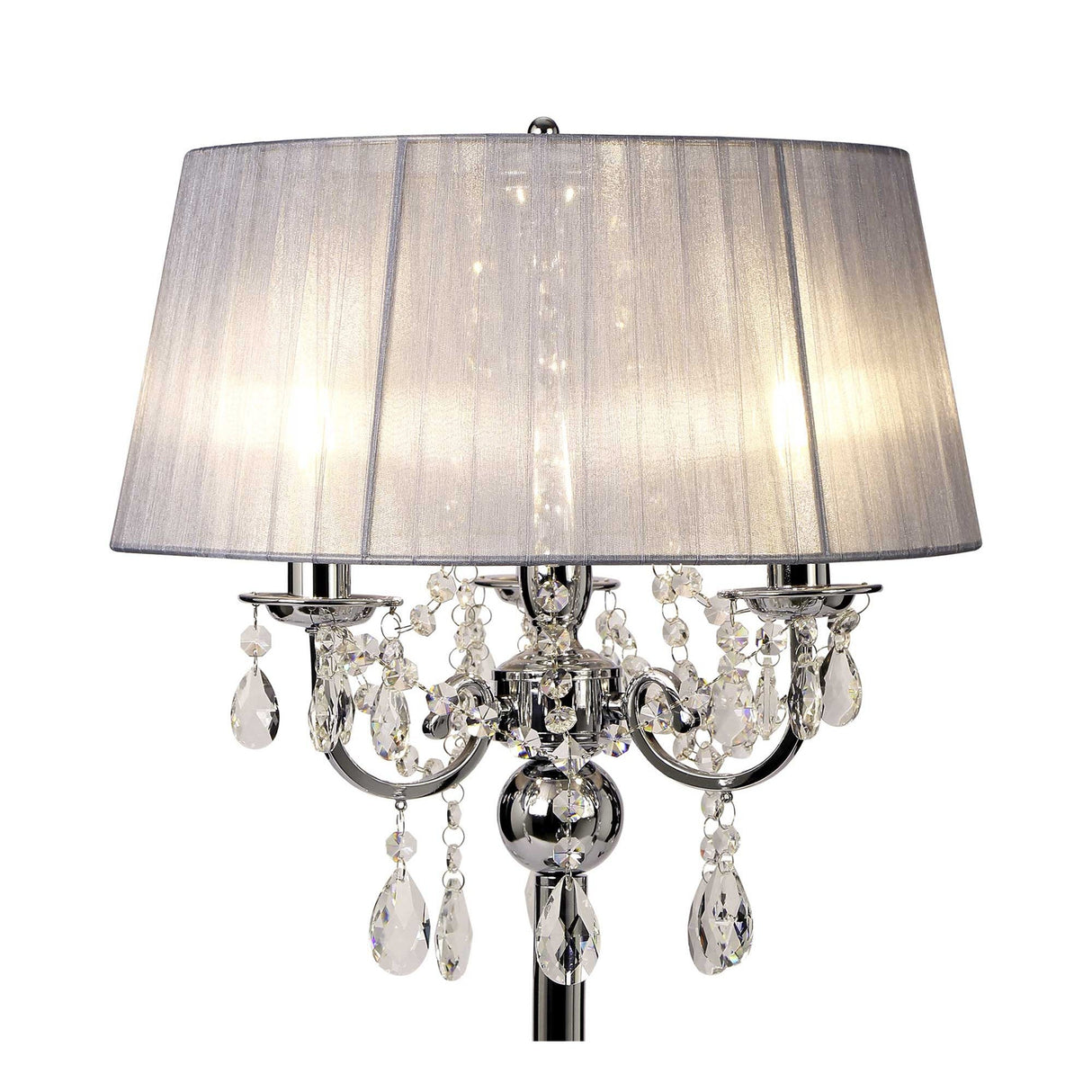 The Olivia 3 Light Crystal Table Lamp features a polished chrome base, hanging crystal accents, and a large round grey shade for soft ambient lighting.