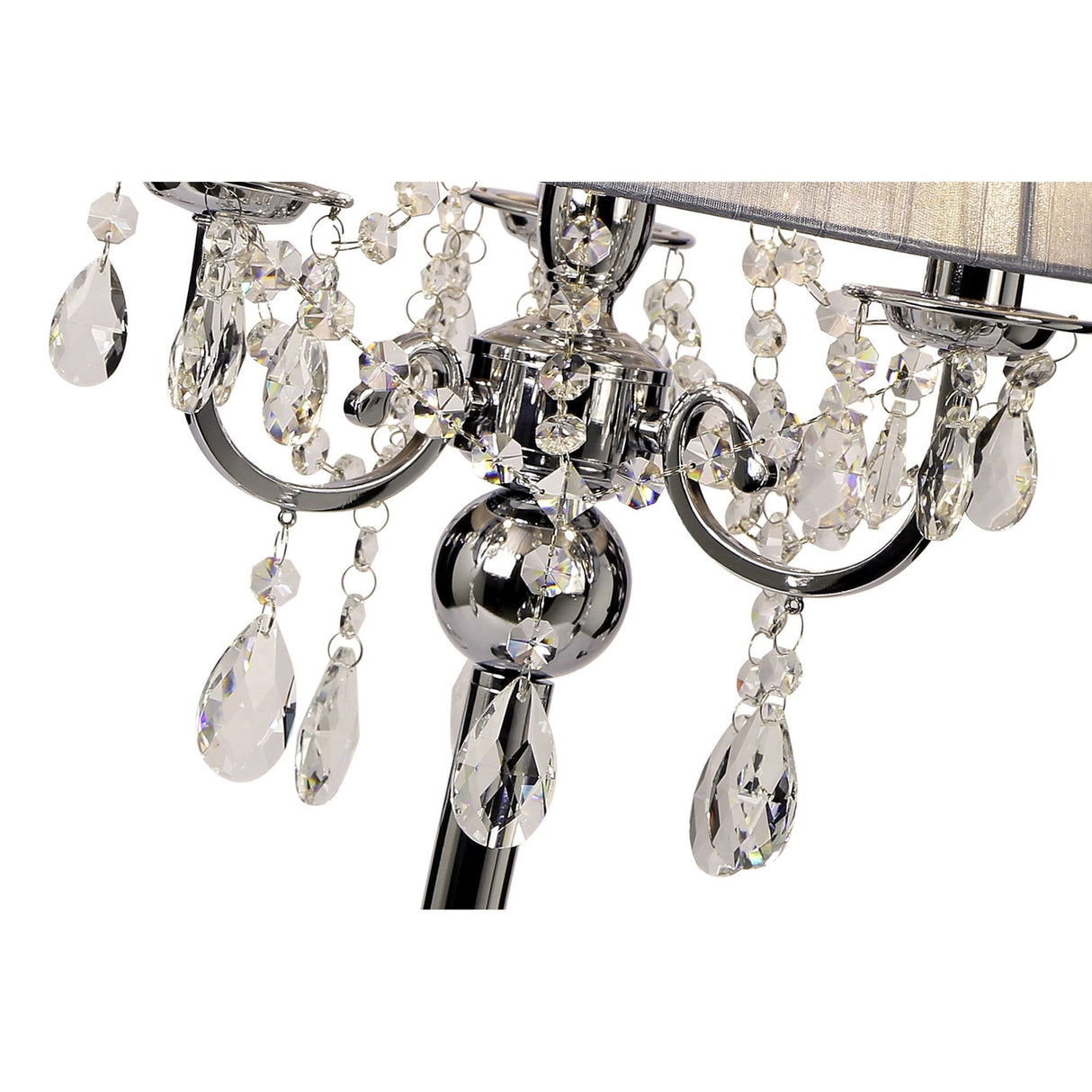 Close-up of the Olivia 3 Light Crystal Table Lamp in polished chrome with a grey shade, featuring hanging crystal beads and teardrop pendants that reflect light for sparkling ambiance.