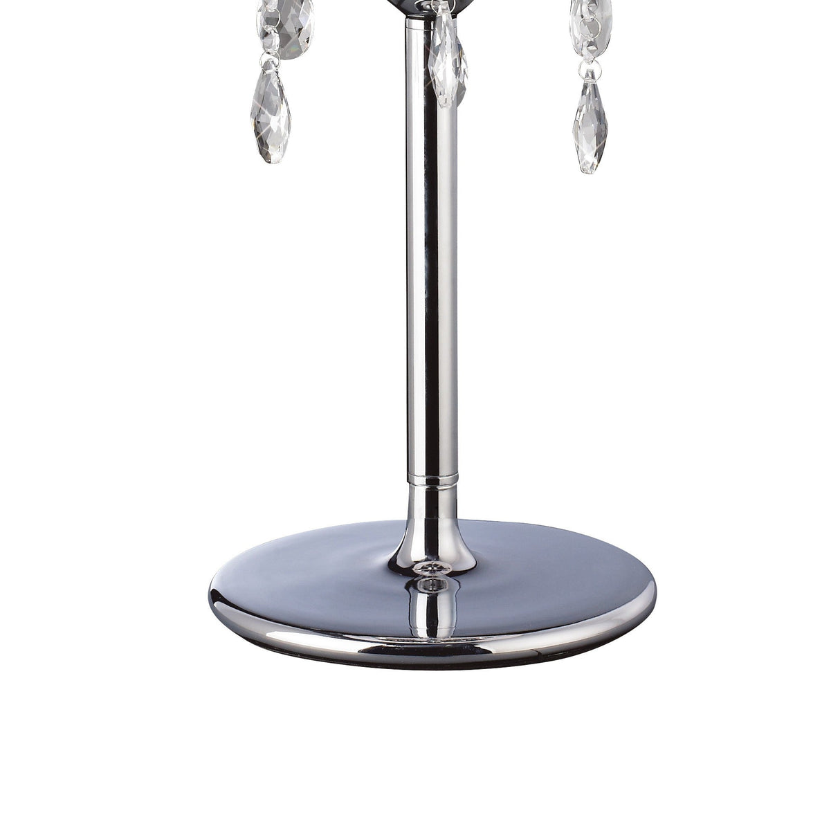 A close-up of the Olivia 3 Light Crystal Table Lamp’s polished chrome base reveals its sleek, round design and vertical pole. Partially visible crystal accents dangle above the base, contrasting elegantly against a white background.