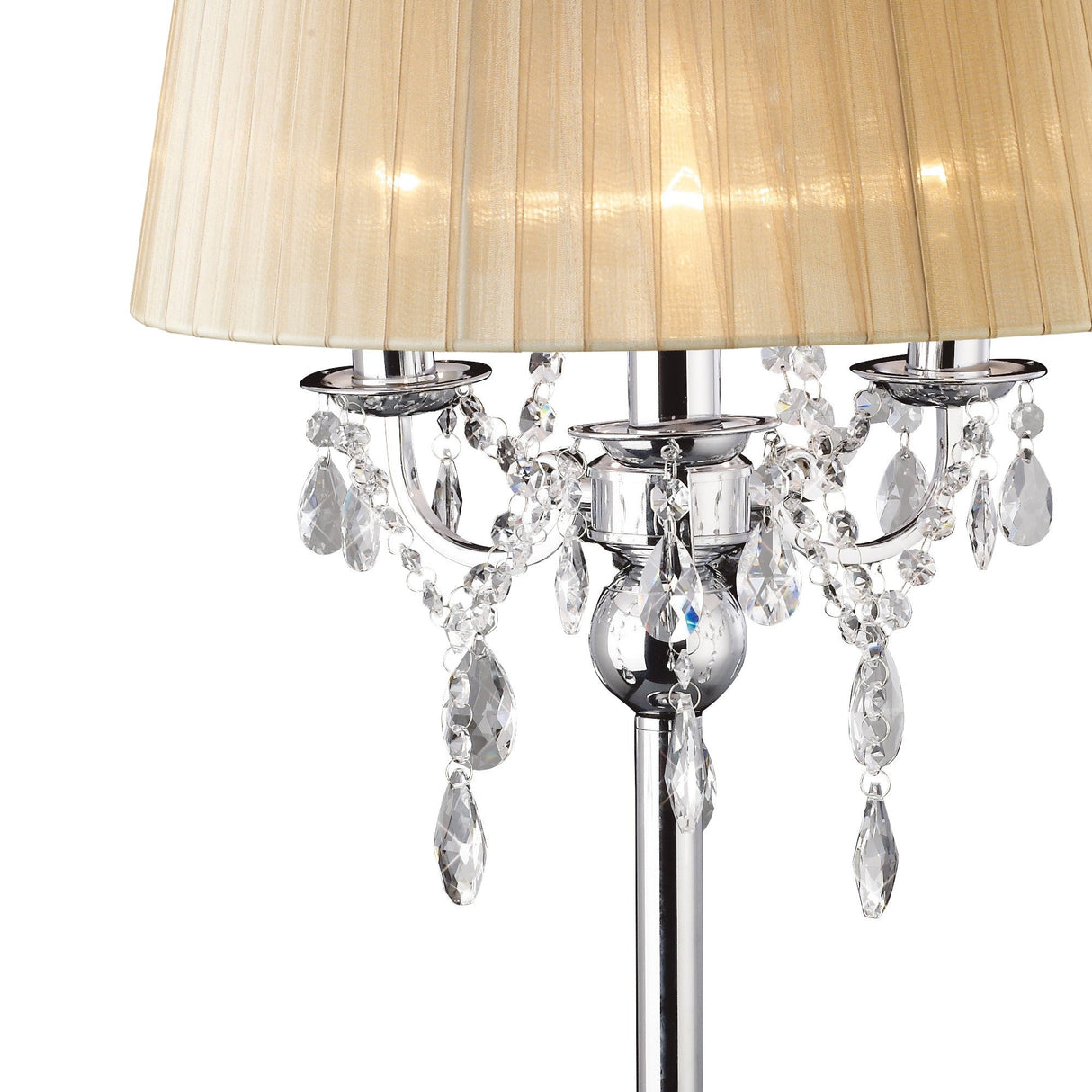 A close-up of the Olivia 3 Light Crystal Table Lamp featuring a polished chrome base, chandelier-style crystal accents, and a soft bronze pleated shade.