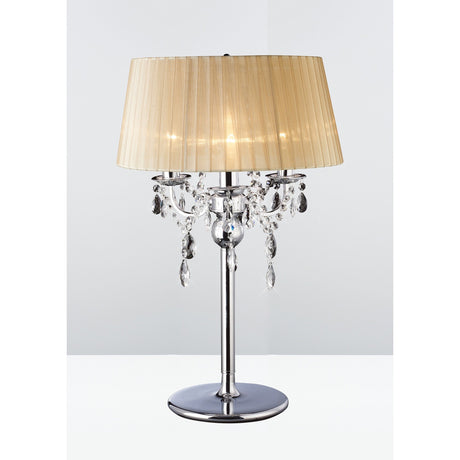 The Olivia 3 Light Crystal Table Lamp features a polished chrome finish, sparkling crystal accents, and a soft bronze shade, offering elegant, dimmable decorative lighting for any room.