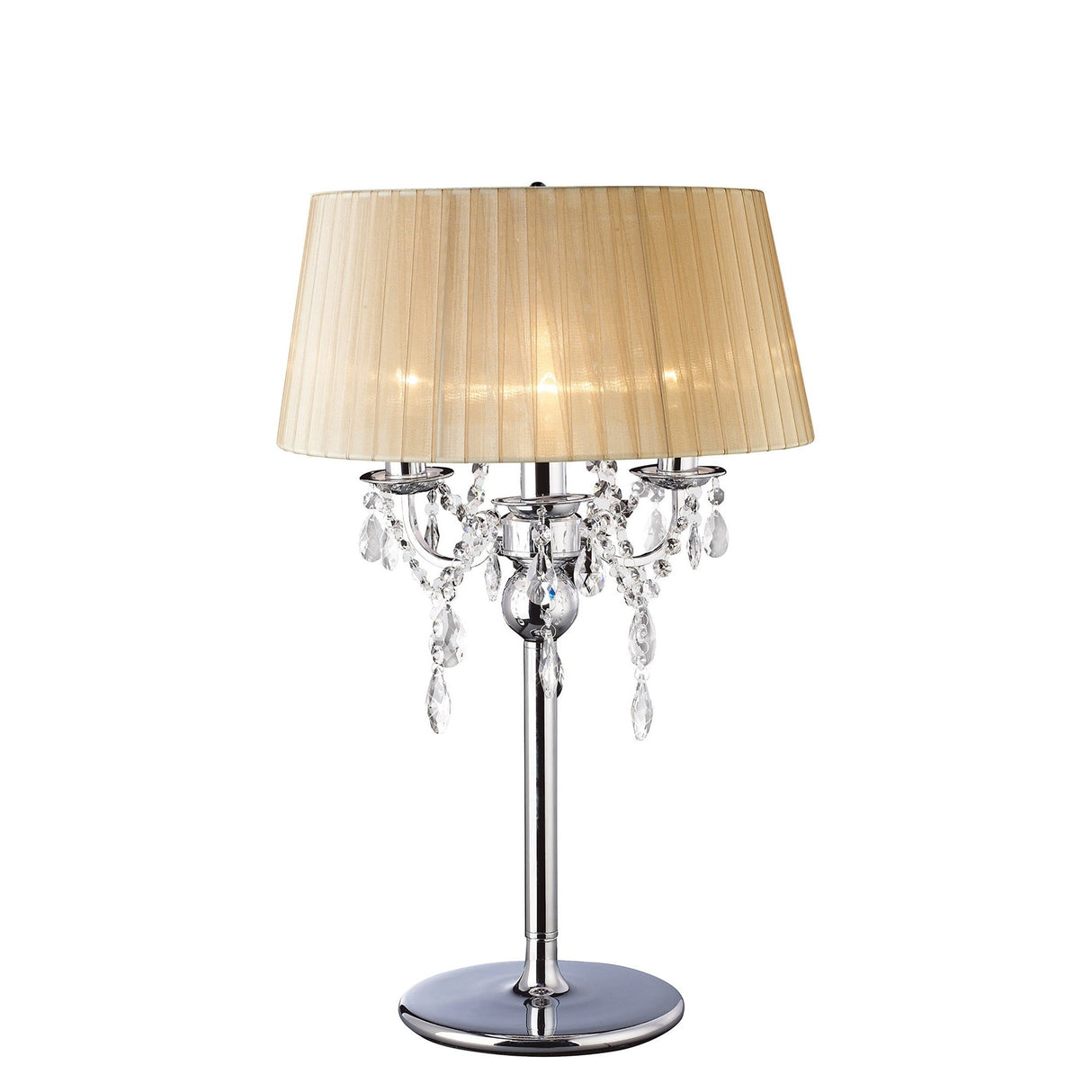 The Olivia 3 Light Crystal Table Lamp features a polished chrome base, hanging crystal accents from ornate arms, and a soft bronze pleated shade, displayed against a white background.