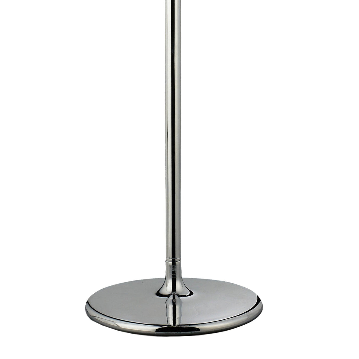 A close-up of the base and lower part of the Olivia 3 Light Crystal Floor Lamp in chrome with a black shade, featuring a slender design and round shiny base, set against a white background.