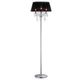 The Olivia 3 Light Crystal Floor Lamp features a chrome stand, round base, black shade, and dangling crystal accents, bringing modern elegance to any room.