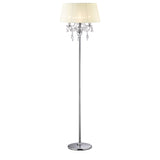 The Olivia 3 Light Crystal Floor Lamp features a tall chrome stand, circular base, cream shade, and decorative hanging crystal accents.