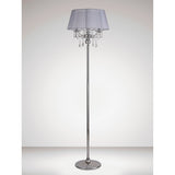 The Olivia 3 Light Crystal Floor Lamp features a chrome base, a grey pleated shade, and hanging crystal ornaments. This modern lamp brings elegance to any space with its sophisticated design.