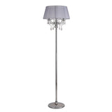 The Olivia 3 Light Crystal Floor Lamp features a chrome base and stand, a grey shade, and decorative hanging crystal accents for a modern look.