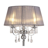 The Olivia 3 Light Crystal Floor Lamp in chrome with a grey shade features crystal pendants on ornate arms and two visible bulbs, bringing a modern, elegant touch to any room.