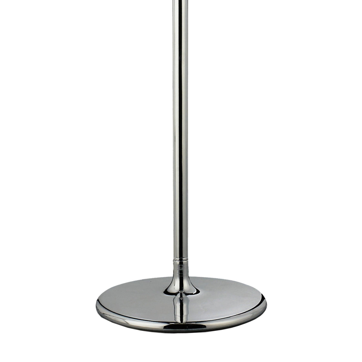 A close-up view of the Olivia 3 Light Crystal Floor Lamp's shiny chrome base, featuring a round, flat surface and a vertical pole topped with a bronze shade.