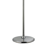 A close-up view of the Olivia 3 Light Crystal Floor Lamp's shiny chrome base, featuring a round, flat surface and a vertical pole topped with a bronze shade.