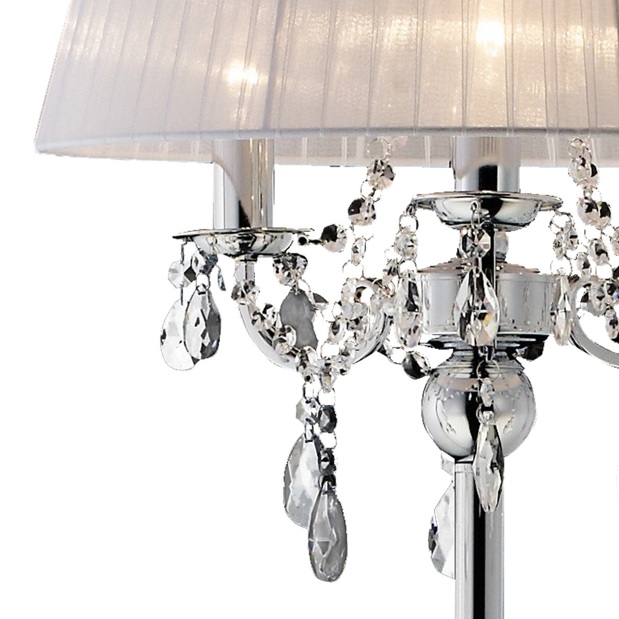 Close-up of the Olivia 3 Light Crystal Floor Lamp featuring chrome accents, a pleated white shade, and sparkling hanging crystal ornaments reflecting light.