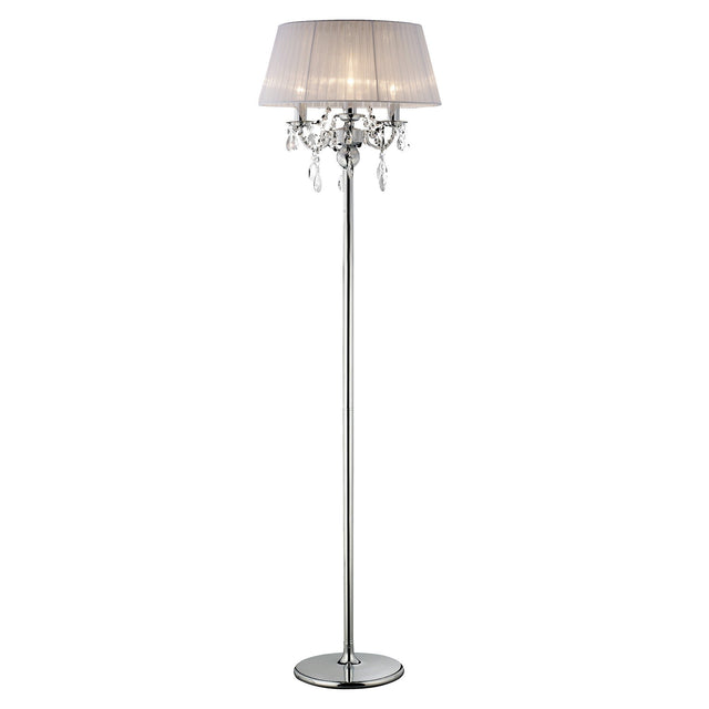 The Olivia 3 Light Crystal Floor Lamp features a tall chrome stand, round base, white pleated shade, and decorative crystal accents hanging beneath the shade—a stylish addition to any room.