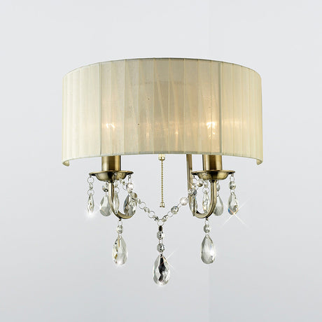 Olivia 2 Light Crystal Wall Light With Switch - Brass With Cream Shade