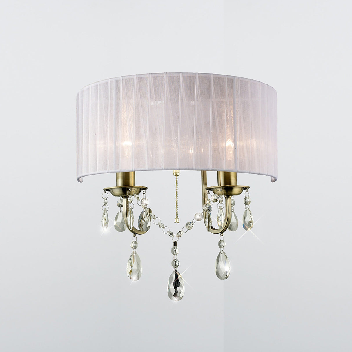 Olivia 2 Light Crystal Wall Light With Switch -  Brass With White Shade