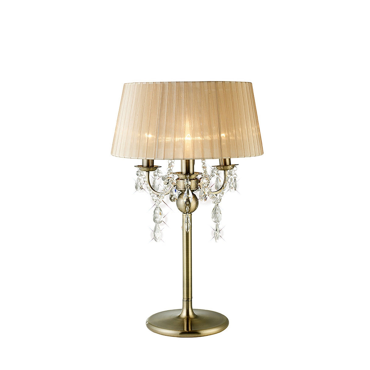 The Olivia 3 Light Crystal Table Lamp features antique brass arms, decorative crystal accents, and a bronze pleated shade for an elegant look.