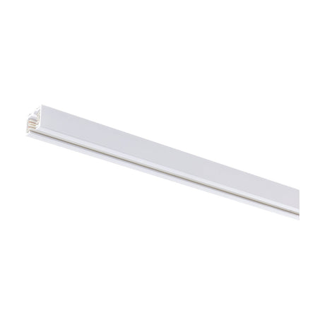 White aluminium lighting track, slim straight profile with connector end and central channel for track heads, shown on a plain white background.