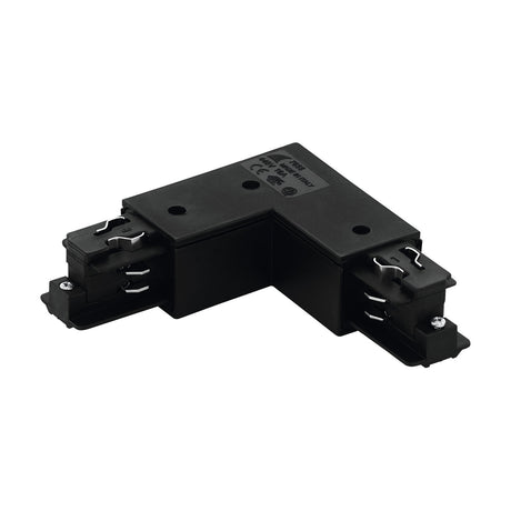 Eglo On Track L Connector 60773 in black plastic, an L-shaped track lighting joiner with exposed metal pins on both ends, shown on a plain white background.