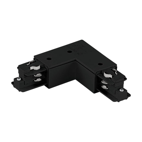 On Track L Connector in black plastic, an L-shaped track lighting corner piece with exposed metal contact ends on both arms, shown on a plain white background.