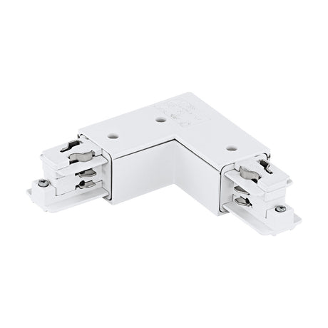 On Track L Connector in white plastic, an L-shaped corner track piece with visible metal contact pins and screw fixings, shown on a plain white background.