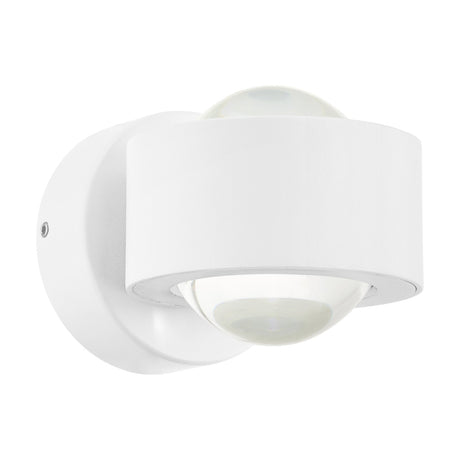 Ono 2 LED Wall Light in white aluminium, round wall plate with cylindrical body and clear lenses top and base for up-and-down light, shown on a plain white background.